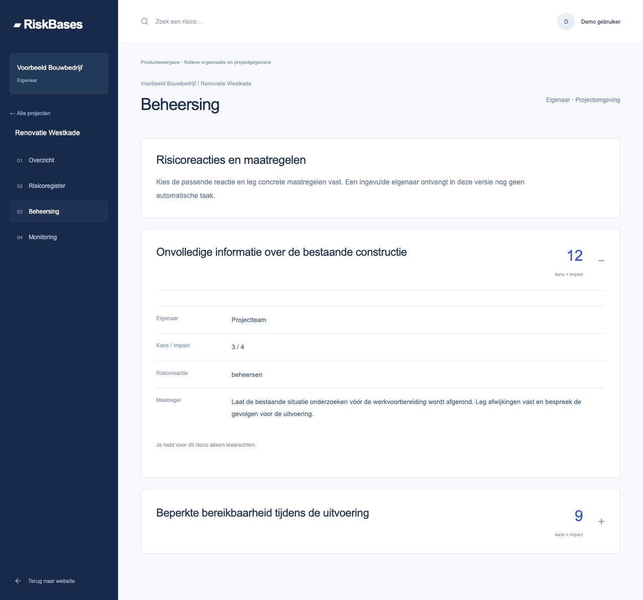 RiskBases beheersing: maatregelen en verantwoordelijken met fictieve gegevens