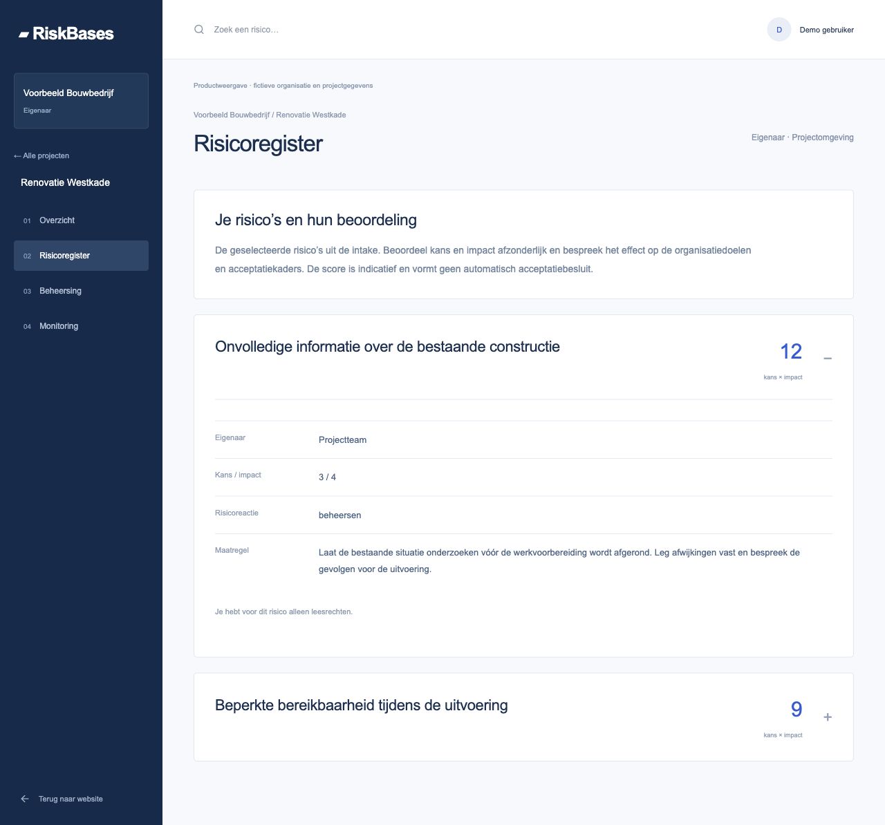 Project · risicoregister: huidig RiskBases-scherm met fictieve gegevens