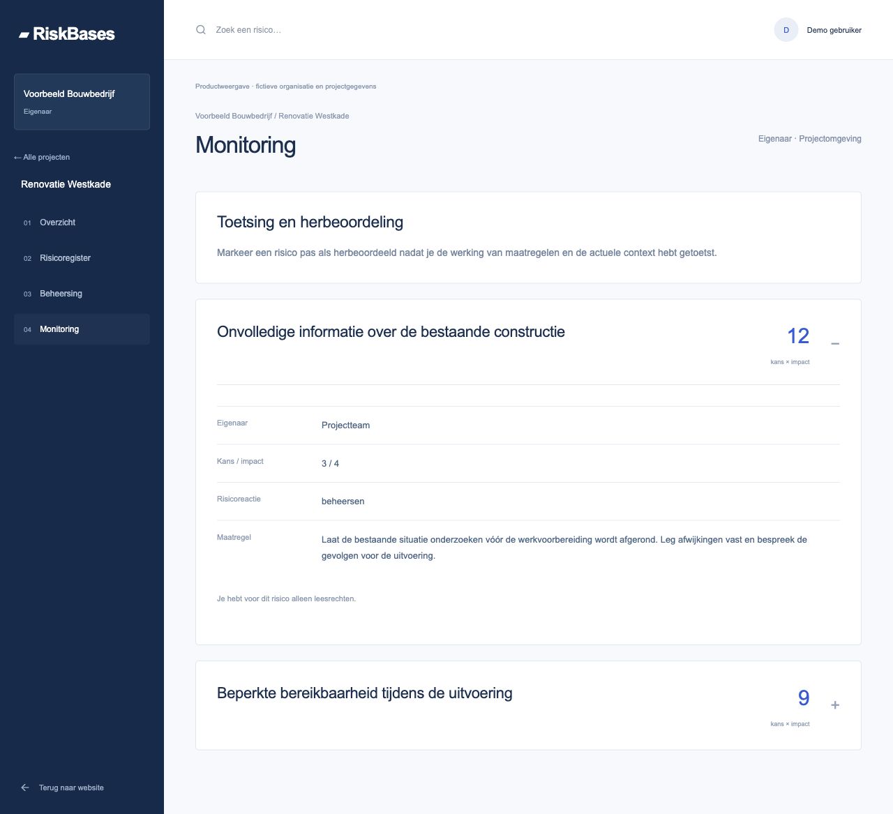 Project · monitoring: huidig RiskBases-scherm met fictieve gegevens